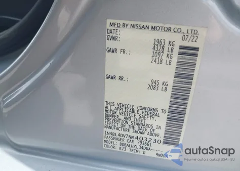 2022 Nissan Altima Sv Fwd из США, поврежденный, VIN 1N4BL4DV7NN403230